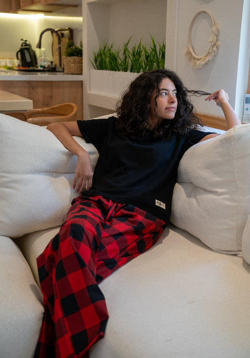 Women summer pajama set Black T-shirt + Red X Black Checkered Pants